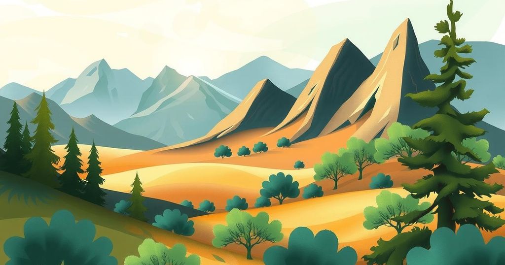 A vibrant depiction of nature showing diverse landscapes representing climate change issues in parallel countries.