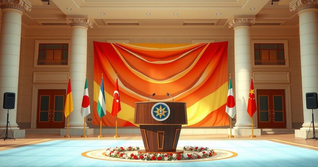 A vibrant illustration of a press conference, featuring a podium and flags in the background, under warm lighting.