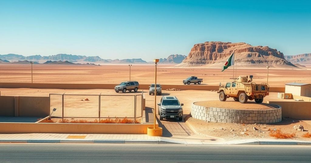 A U.S. military base in Djibouti with barriers, military vehicles, and desert landscape under a clear blue sky.