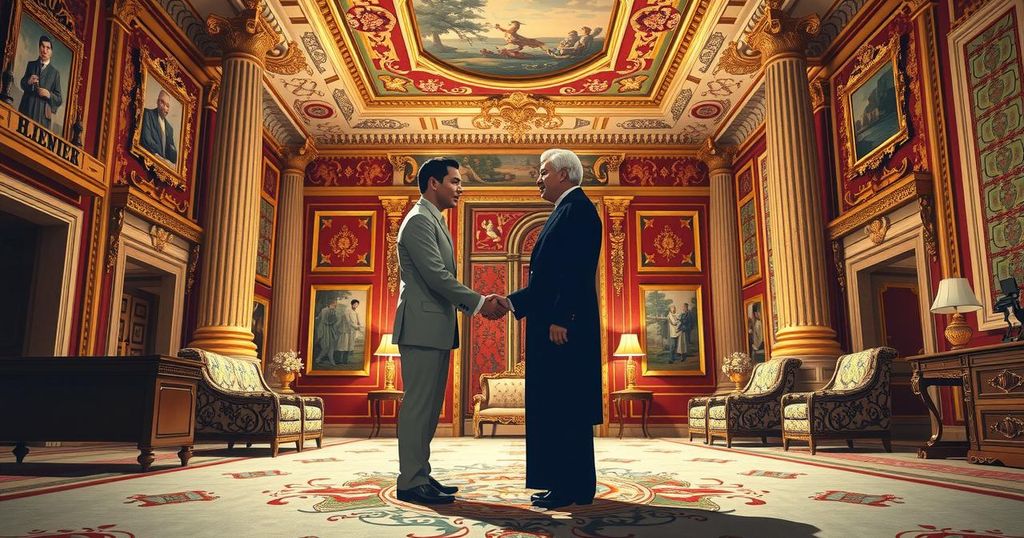 Two political leaders shaking hands in an elegant palace setting, symbolizing diplomatic relations and recovery efforts.