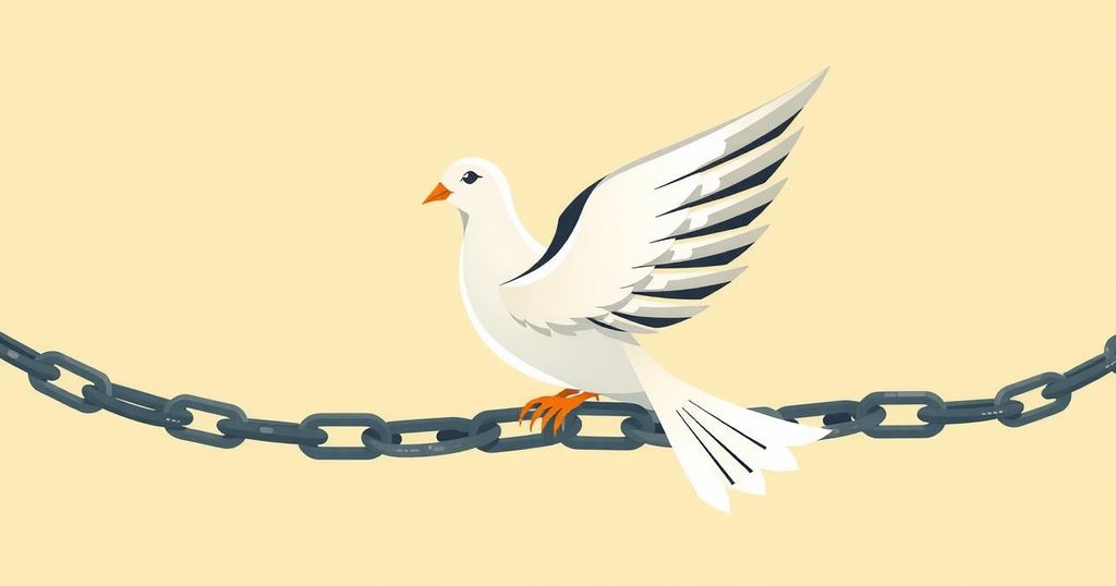 A profound art piece depicting a stylized dove perched on broken chains, symbolizing freedom and resilience in conflict.