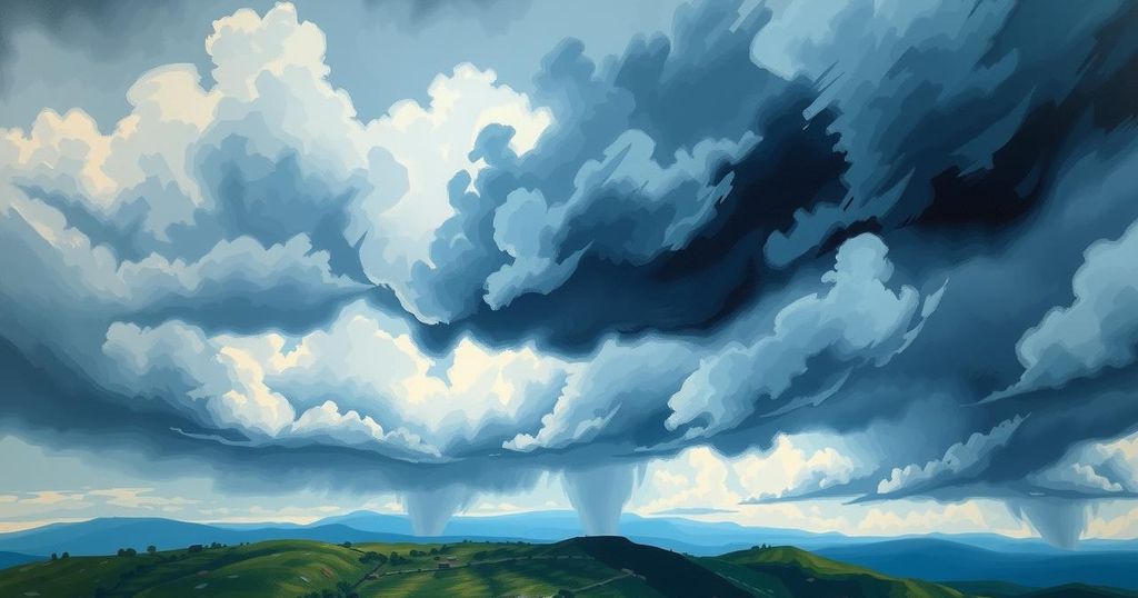 Dramatic daytime sky over a southern landscape with distant mountains and clouds, symbolizing conflict and tension.