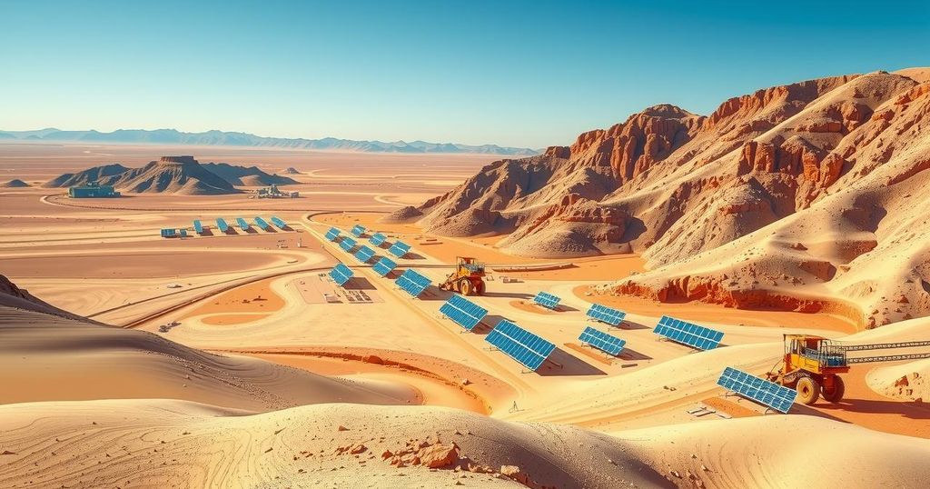 A panoramic view of the Sukari Gold Mine showcasing machinery and mine infrastructure in a desert landscape.