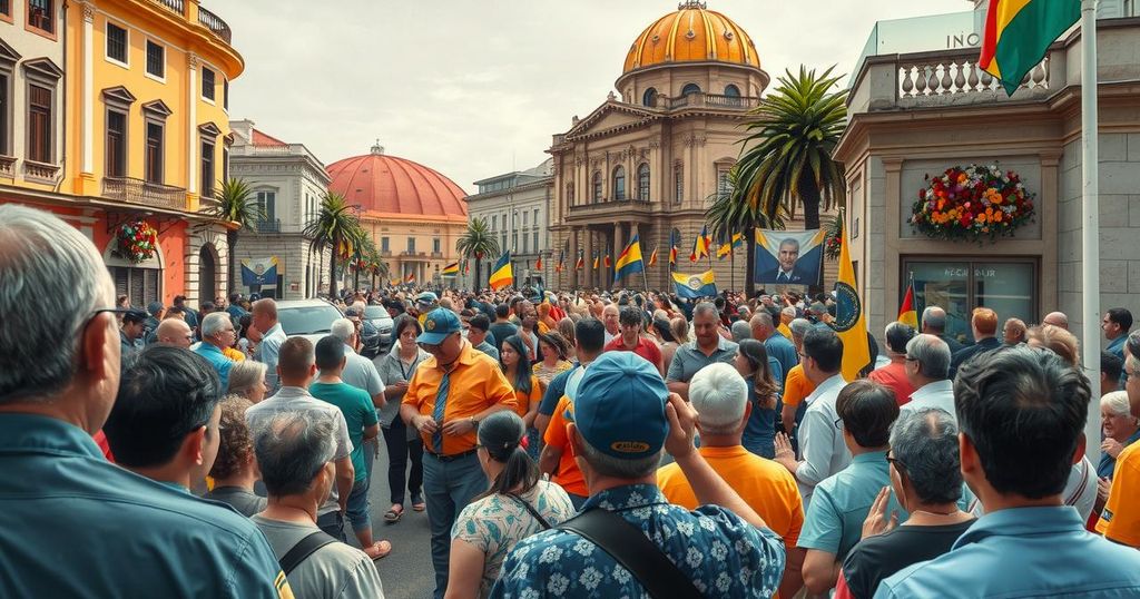 Crowds gather in a vibrant street in Montevideo, bidding farewell to a beloved leader with heartfelt sentiment.