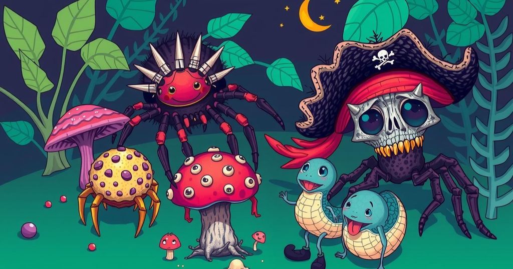 Enchanting biodiversity with strange new species like pirate spiders, fishy fungi, and vampire hedgehogs in vibrant colors.