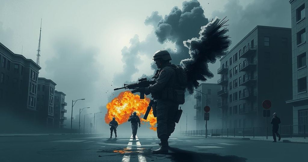 Conceptual art of a military operation in a city with abstract explosions and a somber color palette