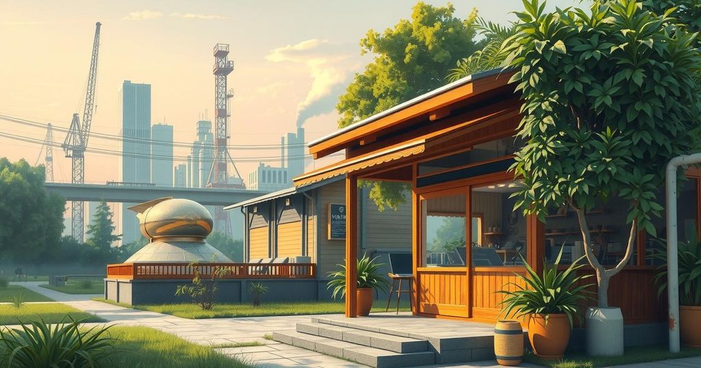 A serene coffee shop scene in Malaysia, showcasing increasing land prices with industrial backdrop and greenery.