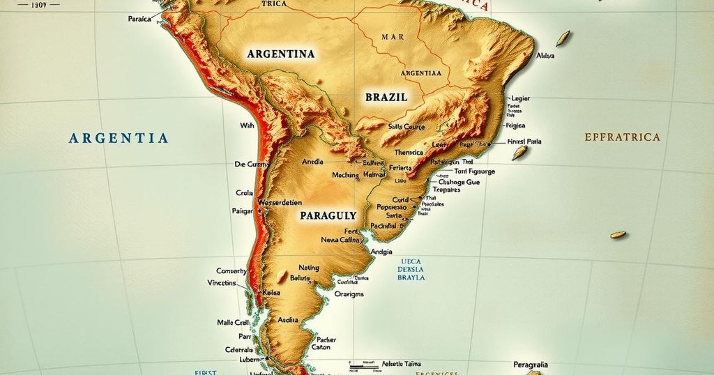 Map highlighting areas of concern with a focus on South America, showcasing security themes and geopolitical analysis