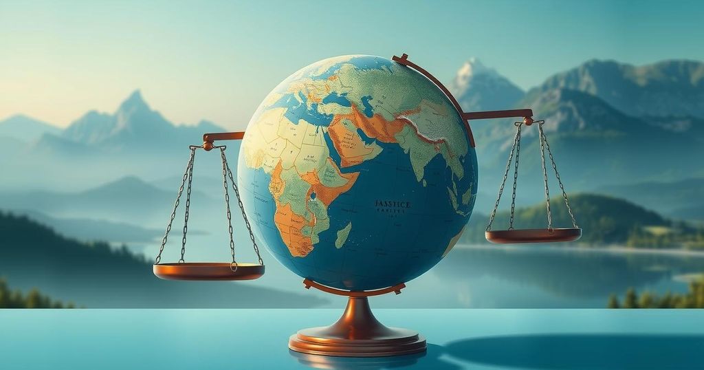 A symbolic representation of international law, featuring a globally recognized map and balance scales in serene colors.