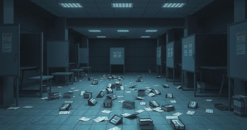 A tense political scene depicting an empty voting station in a muted color palette, symbolizing election unrest.