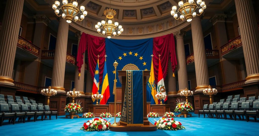 A vibrant depiction of Quito's National Assembly during a presidential inauguration ceremony.