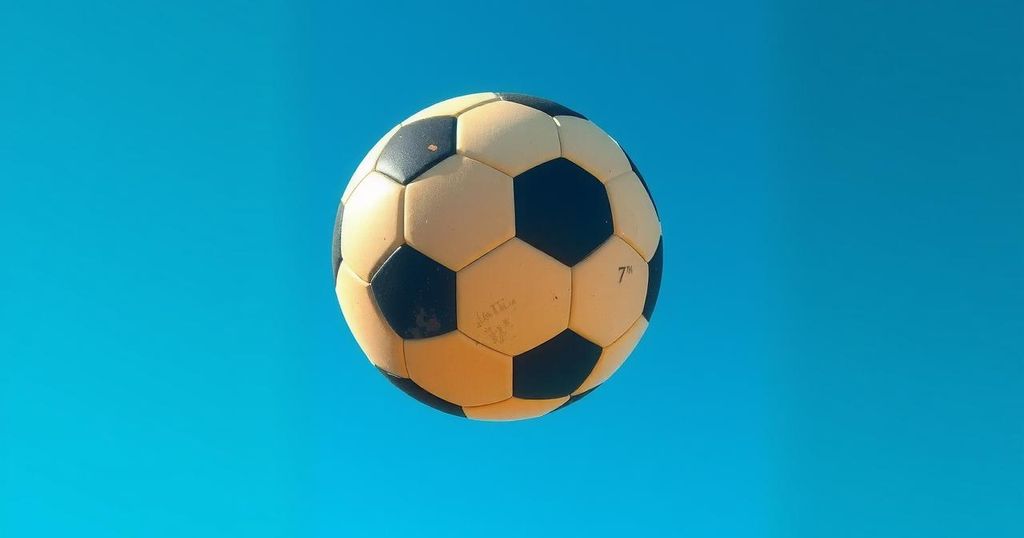 Vibrant depiction of a soccer ball in motion under a bright blue sky, symbolizing Brazil's soccer passion and excitement.