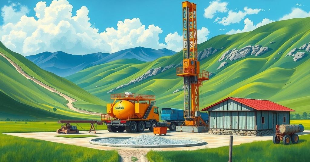 A serene landscape featuring a mining drill rig near verdant hills in Peru, showcasing a copper mining site.