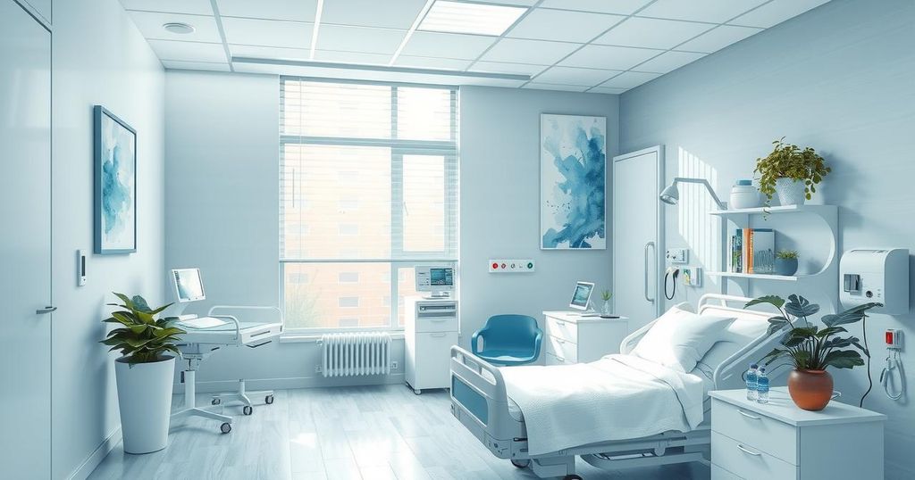 A serene hospital room showcasing medical equipment and calming decor for healing environments.