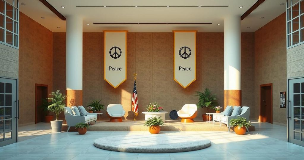 A serene diplomatic forum scene showcasing a peaceful gathering with decorative elements reflecting unity.