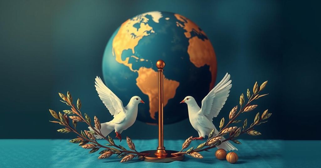 A tense political scene with symbolic elements representing diplomacy and international relations without any people.