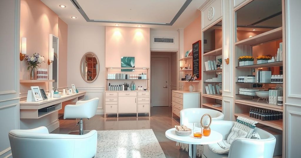 A serene beauty salon interior with pastel colors, stylish chairs, and beauty products, evoking a calm atmosphere.