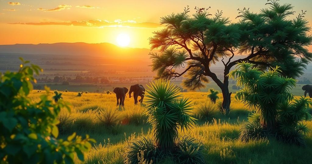A peaceful landscape in South Sudan with a sunrise over lush greenery, symbolizing hope and harmony for the nation.