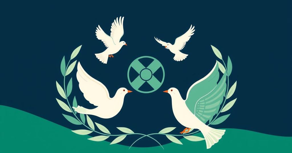Nuclear negotiations concept with symbolic elements in diplomatic setting, featuring colors and abstract shapes.
