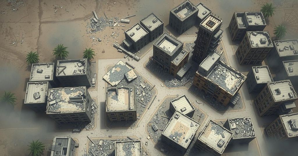 Destruction in Gaza after airstrikes, showing ruins and debris under a gray sky.
