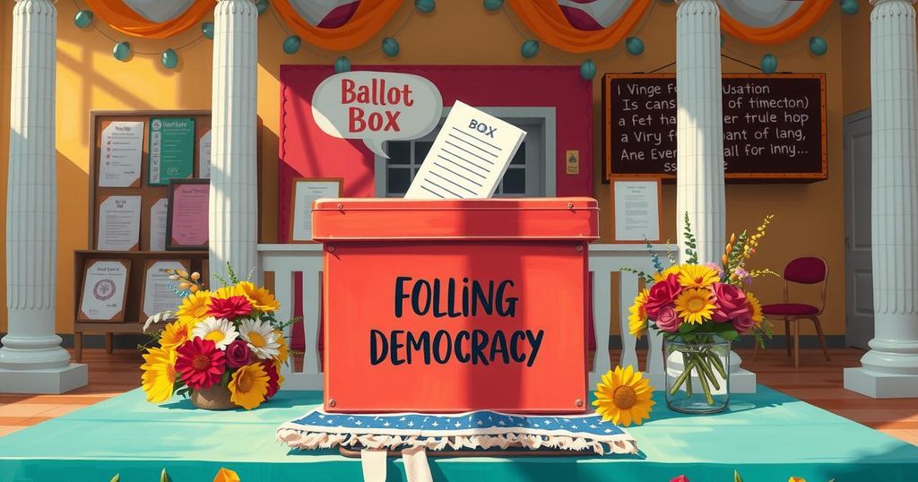 Colorful ballot box surrounded by decorated polling station, symbolizing hope for democracy and government stability.