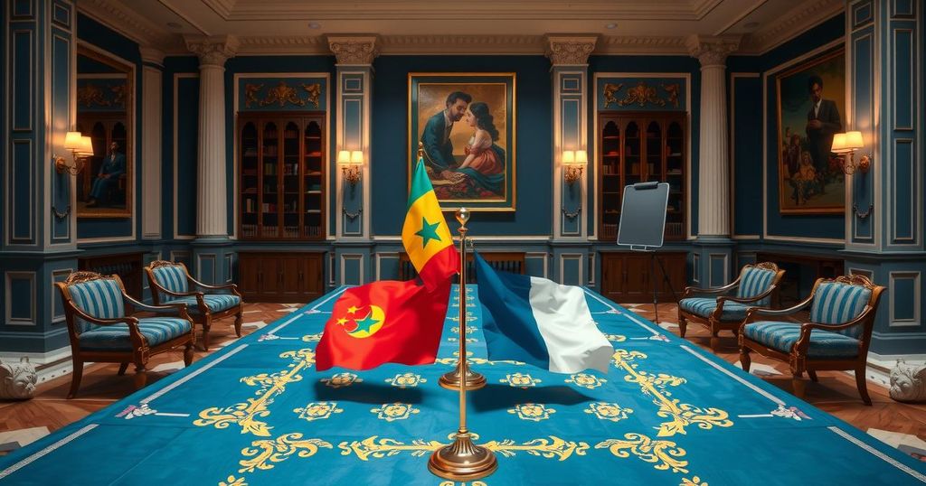 A vibrant diplomatic meeting scene with flags of Senegal and Burkina Faso, showcasing cooperation and unity.