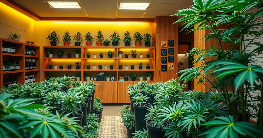 A cannabis dispensary with green plants under soft lighting, emphasizing regulation and medical use, with a serene atmosphere.