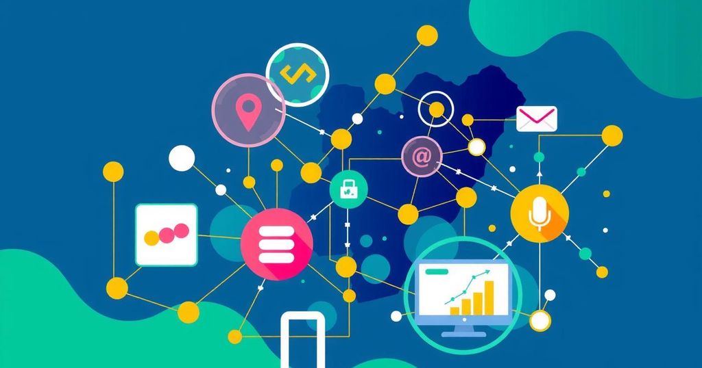 A vibrant representation of technological advancement and data integration in Nigeria's economy with bright colors and abstract data symbols.