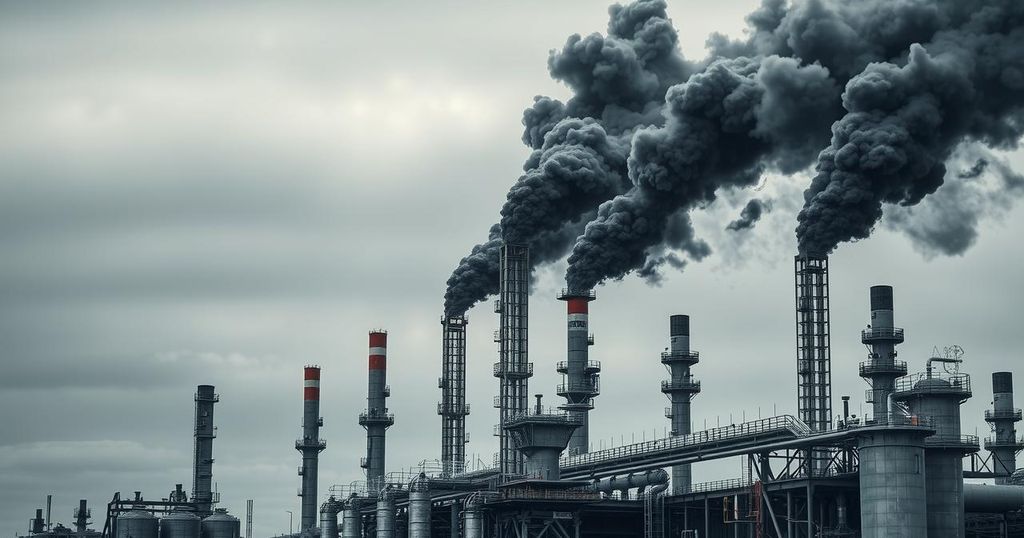 A large oil refinery surrounded by smoky clouds, illustrating a fire incident with dark tones and an industrial feel.