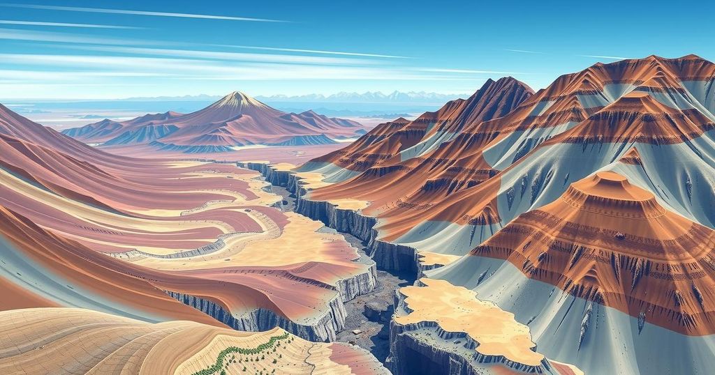 A serene landscape of the Santas Gloria Project in Peru with clear skies and rugged terrain, embodying potential exploration.