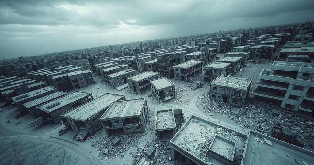 Aerial view of destruction in Gaza with damaged buildings and debris highlighting conflict impact.