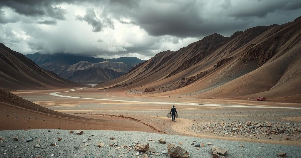 A desolate landscape of Afghanistan with dry mountains, scattered rocks, and dark skies portraying low hope and despair.