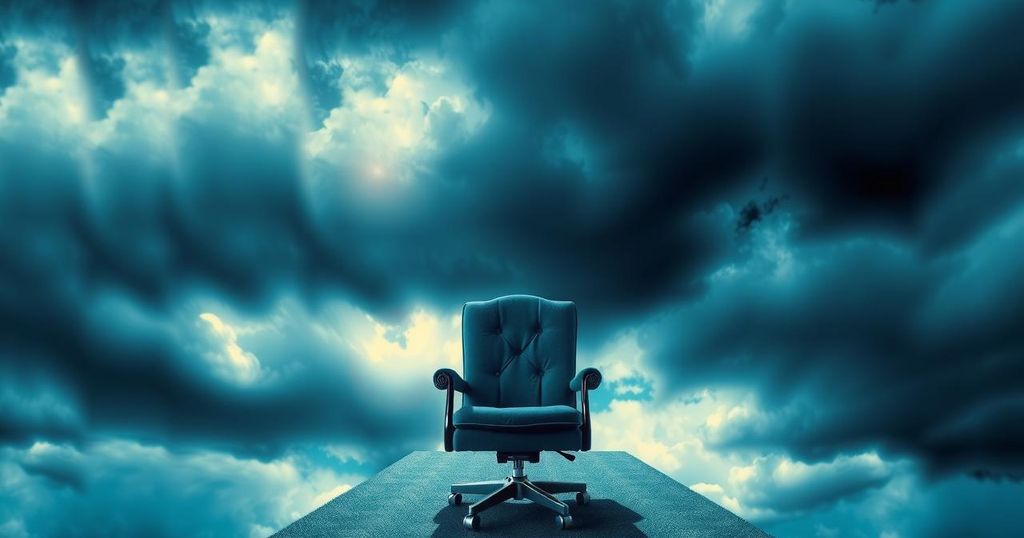 A symbolic representation of political uncertainty in Peru featuring an empty presidential chair and stormy clouds, vibrant colors.