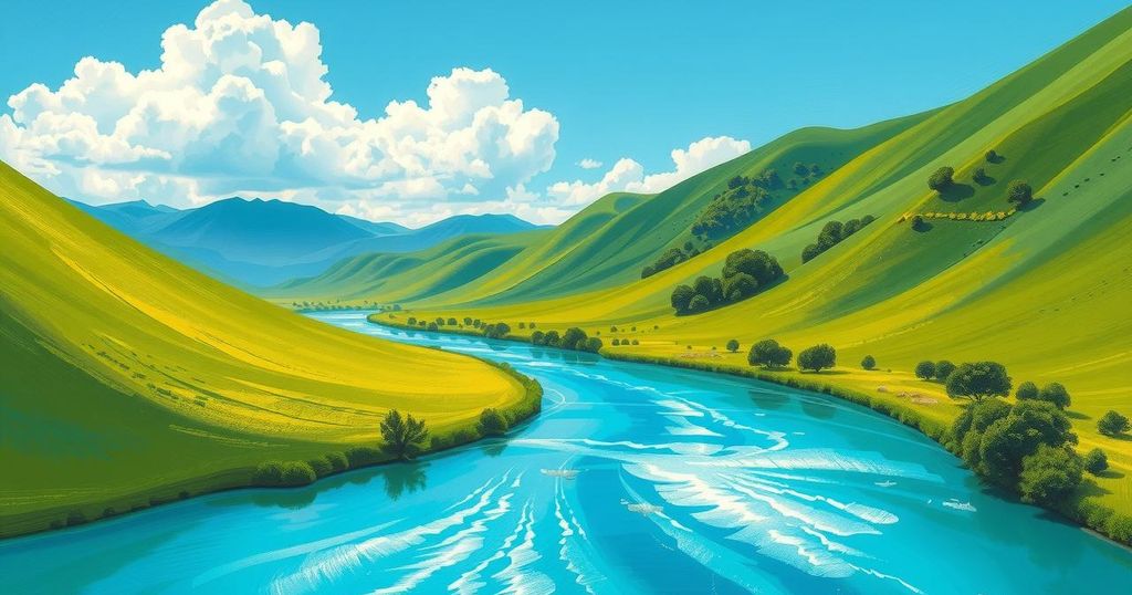 A serene river flowing through lush green hills under a bright blue sky, representing a peaceful landscape.
