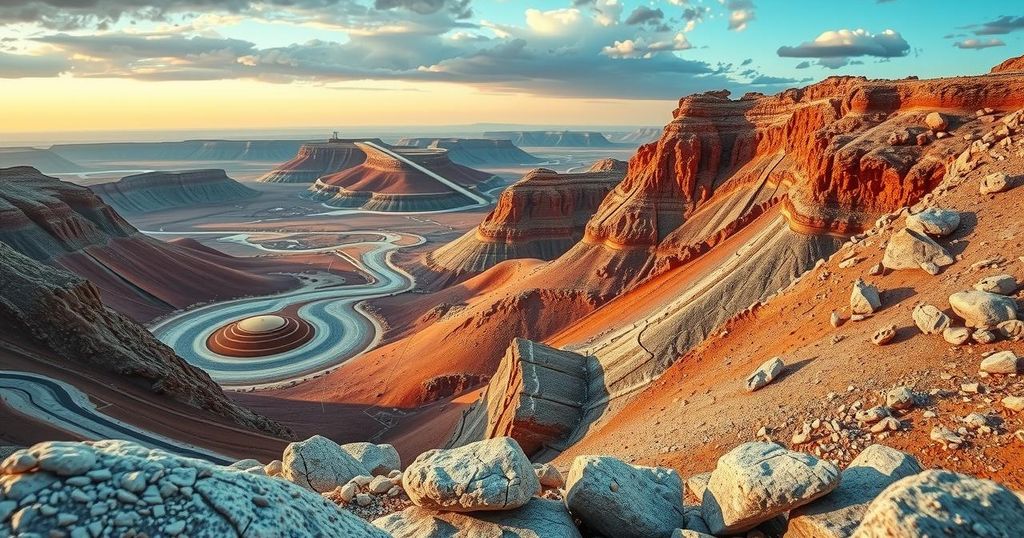 Adventure in a vast Namibian landscape with rocky terrain and minerals suggesting exploration and mining efforts.