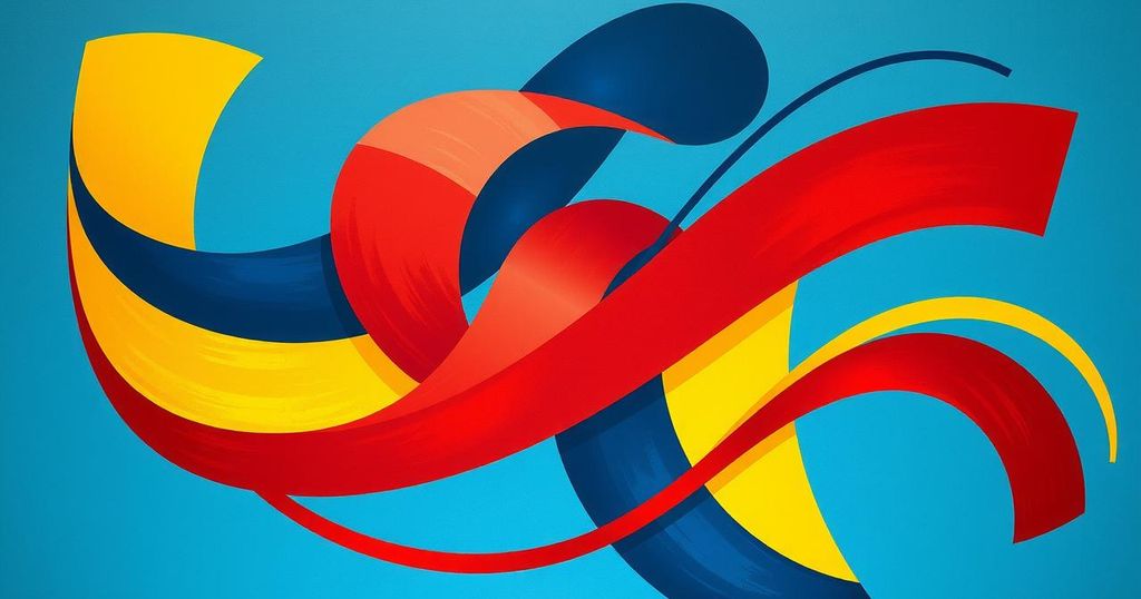Colorful abstract representation of legislative debate with dynamic shapes symbolizing conflict and reform.