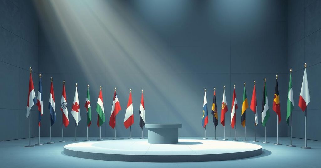 A representative symbol of global diplomacy featuring flags and an empty podium to signify discussions on arms embargoes.