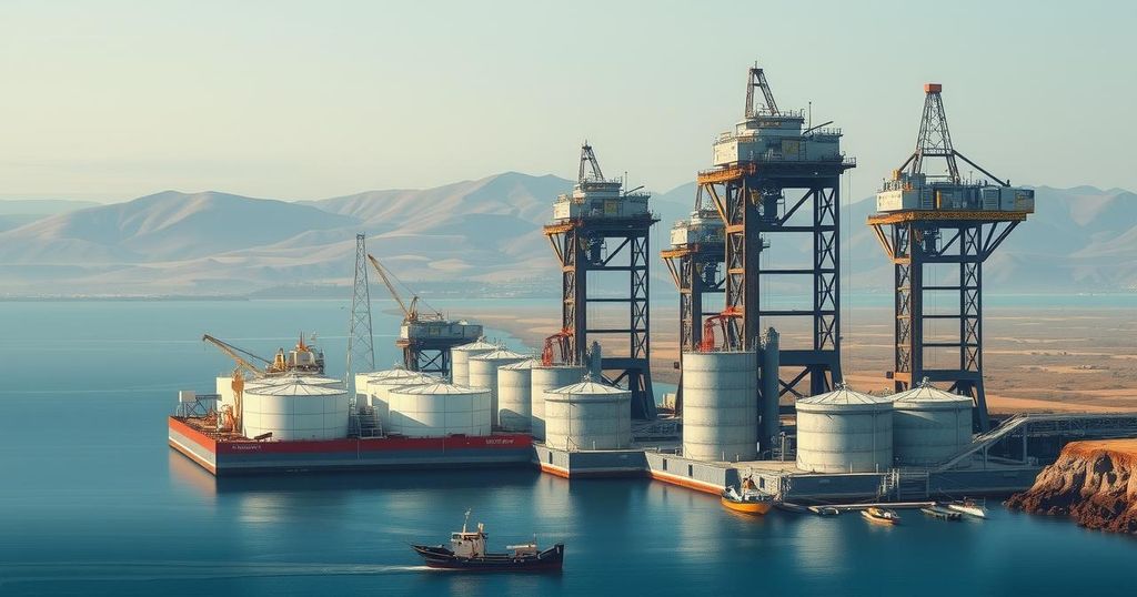A coastal oil port with equipment, under a dull gray sky, depicting tensions in Libya's oil industry.