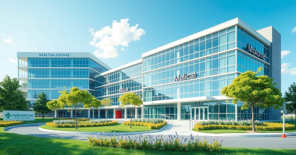 A hopeful depiction of modern healthcare infrastructure with advanced medical facilities and green landscapes.
