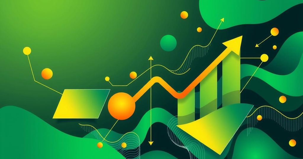 Vibrant abstract representation of financial themes with geometric shapes in green and gold hues.