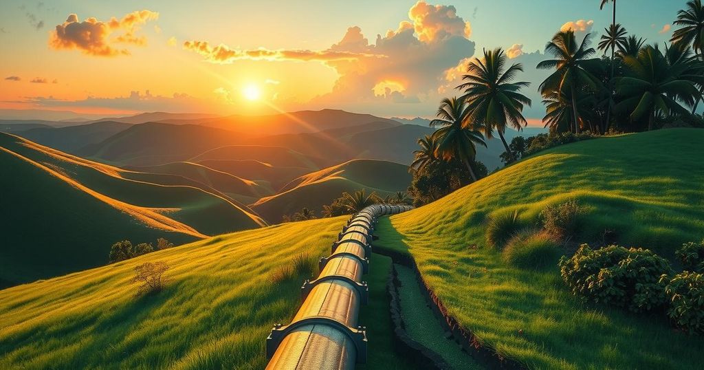 A serene illustration of a pipeline in a lush Colombian landscape, with clouds and green hills under a warm sunset sky.
