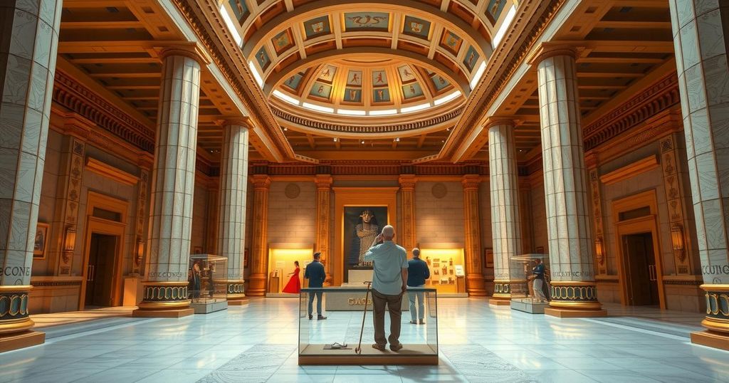 Grand Egyptian Museum interior showcasing ancient artifacts with a modern design and warm golden colors.