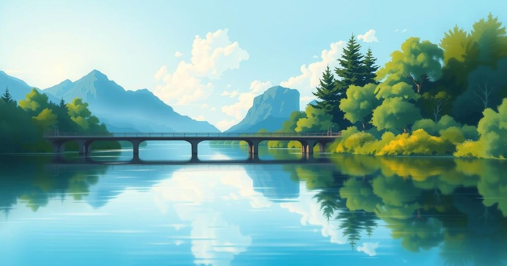 Symbolic peace talks location with a serene landscape featuring a bridge, sky, and peaceful colors.