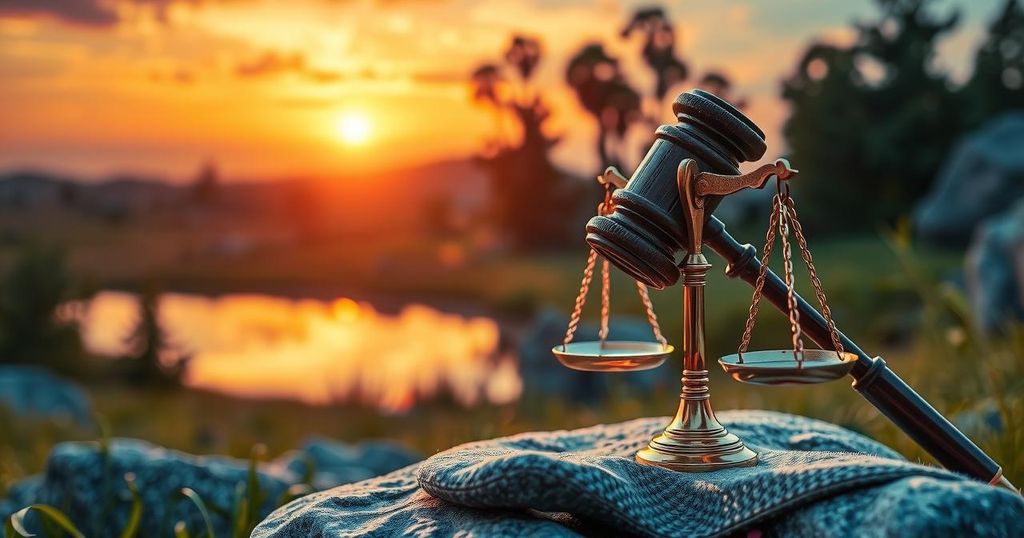 A serene landscape with a gavel and scales of justice set against a sunset in warm hues, symbolizing legal action and freedom.