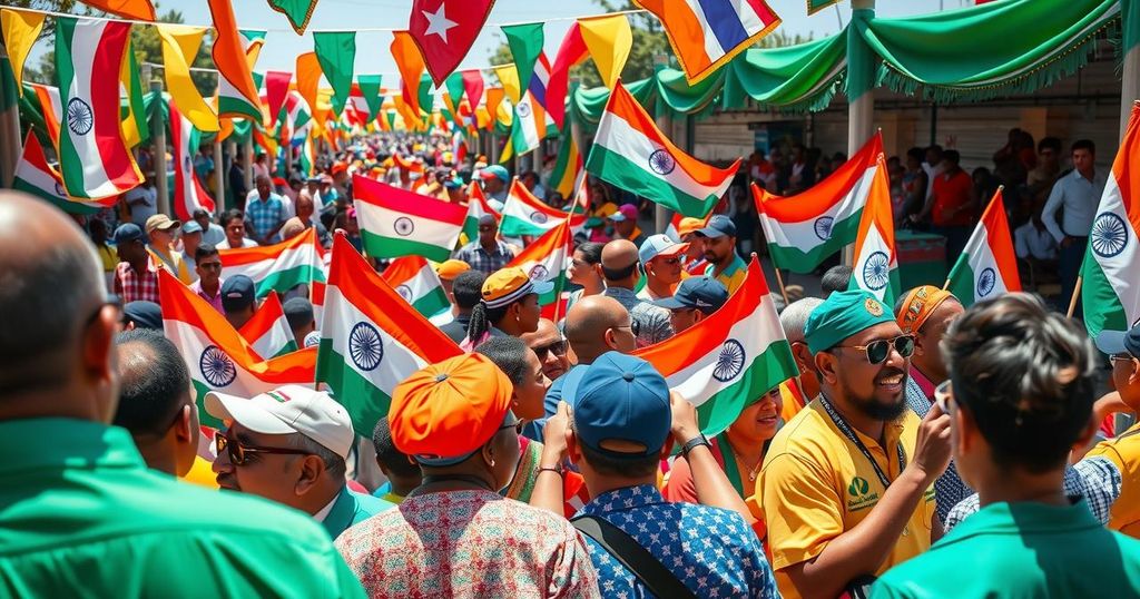 A vibrant gathering of Indian community members in Guyana welcoming delegates with cheer and flags.
