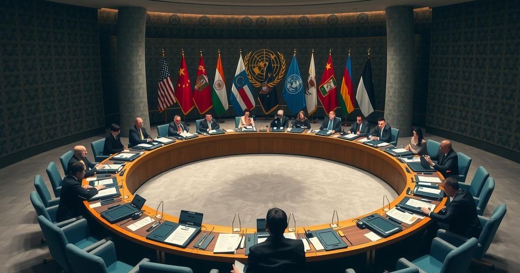 A divided UN Security Council meeting with various country flags, showcasing tensions and discussions on South Sudan.