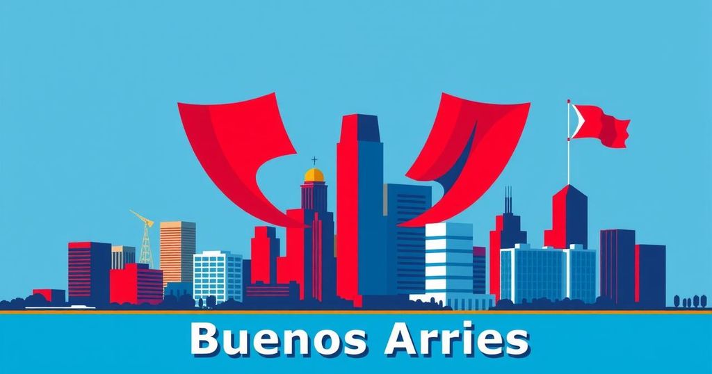 A symbolic representation of Buenos Aires City politics, featuring a stylized skyline and contrasting party symbols in vibrant colors.