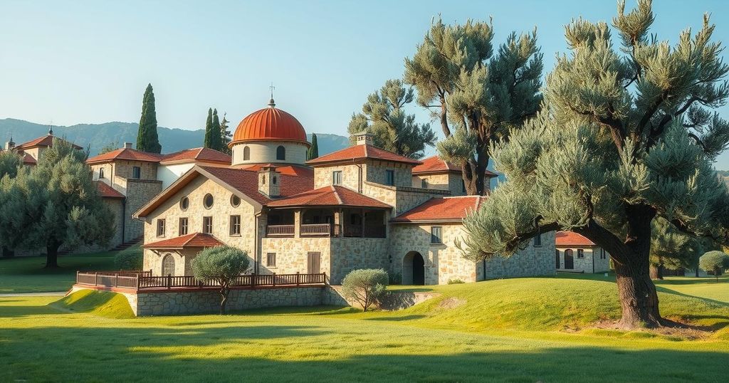 A tranquil Turkish landscape featuring traditional architecture and olive trees, symbolizing peace talks.