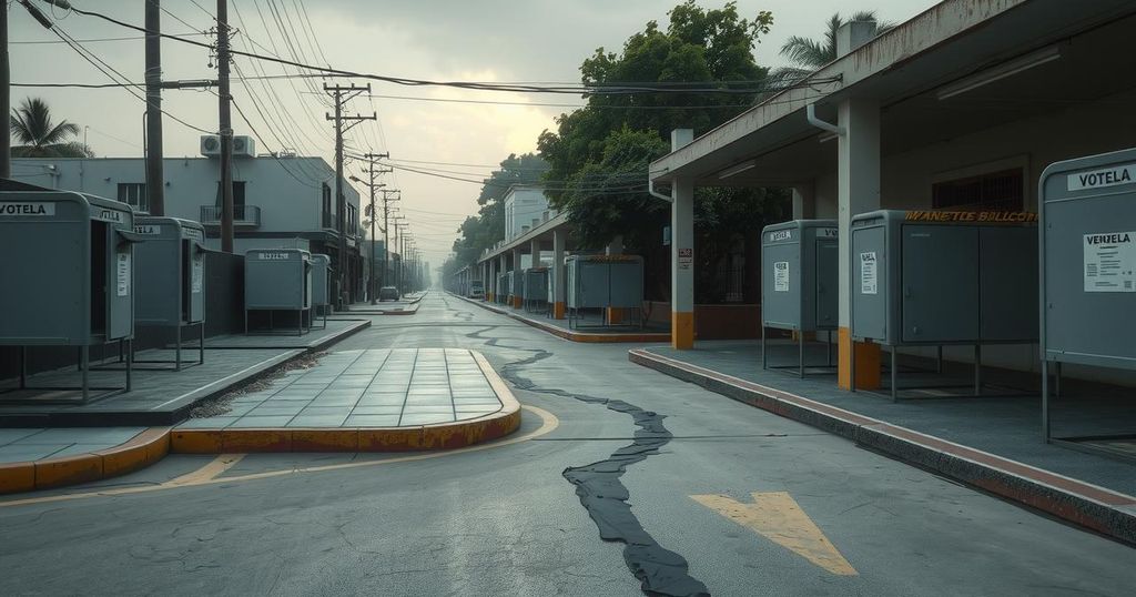 Venezuelan election scene with empty voting booths and empty streets, highlighting voter boycott call amidst tension.