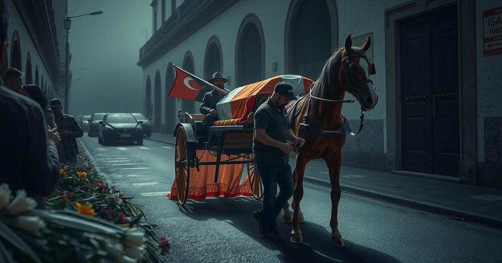 A somber funeral procession with a horse-drawn carriage and flags in Montevideo, honoring a beloved leader's legacy.